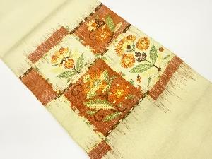 手織り真綿紬市松に草花模様織出し名古屋帯